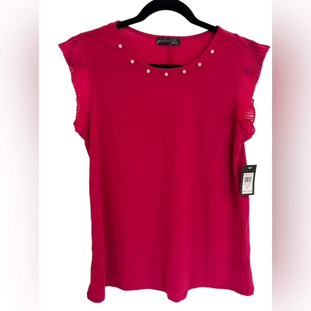 NWT Verve Ami Women, Sleeveless Blouse With Pearls details. Size M Color Fuchsia - Picture 1 of 4